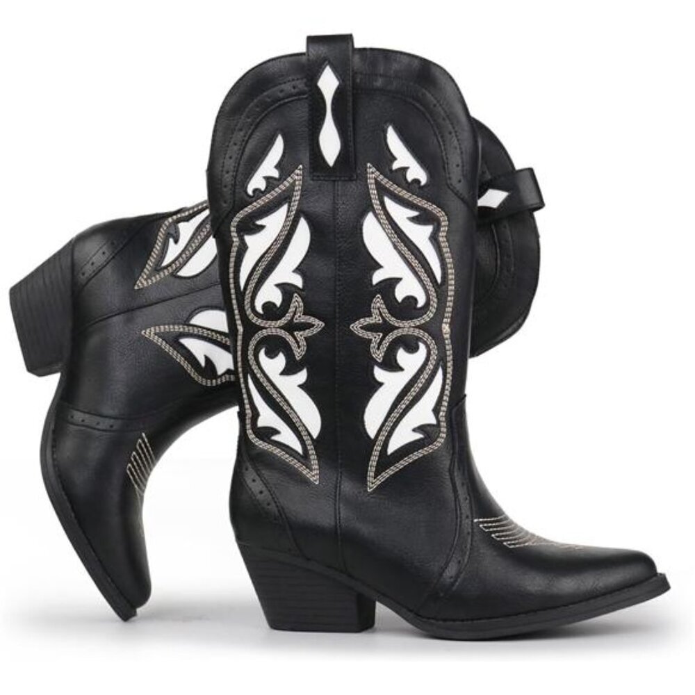 New Women’s Mid Calf Cowboy Western Boots Embroidered Pointed Toe Black White